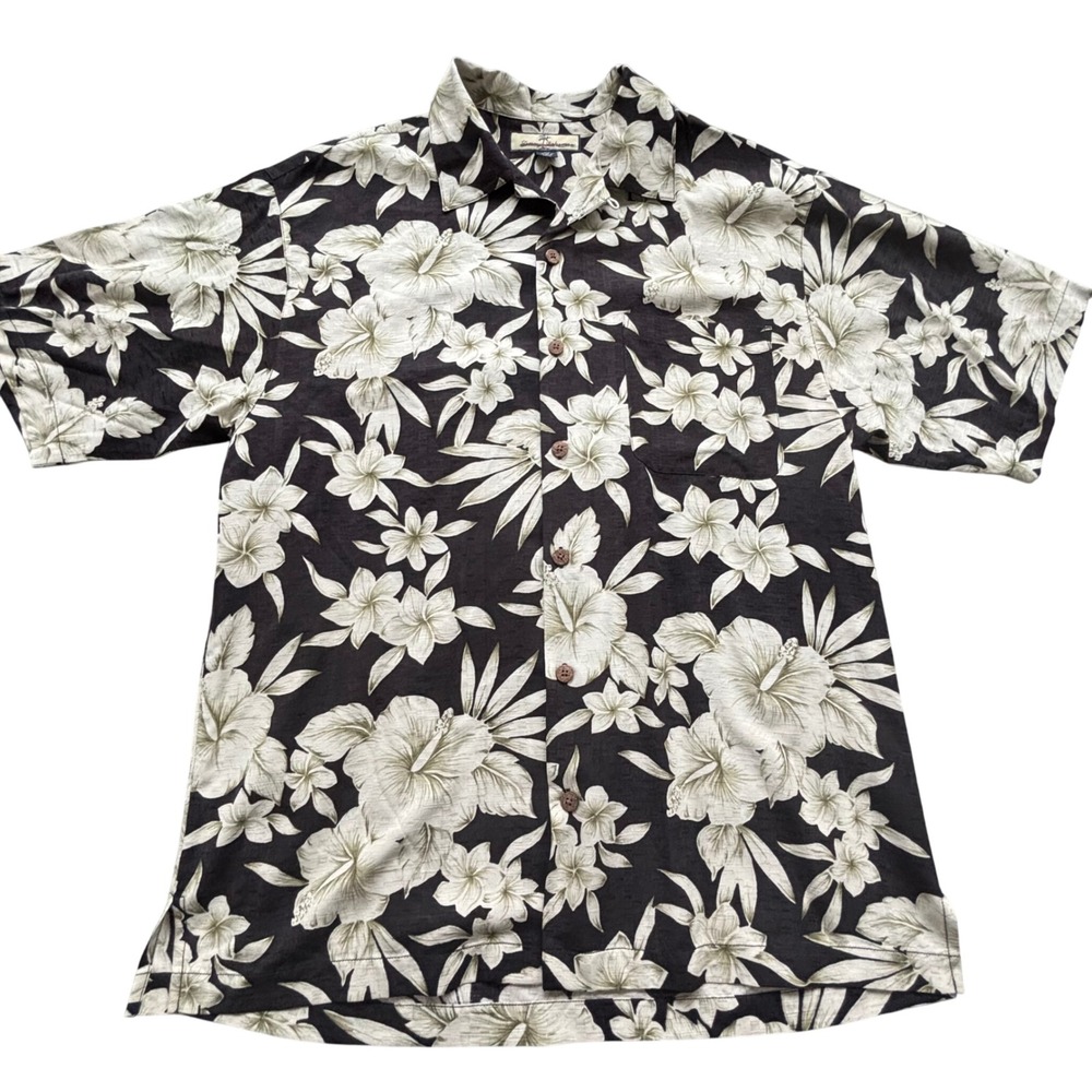 Tommy Bahama Camp Shirt Mens Medium Black Floral 100% Silk Tropical Resort